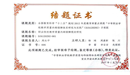 1.全国教育科学“十二五”规划2012年度教育部重点课题《中等职业学校教学质量内部保障体系研究与实践（dja120292-001）》结题